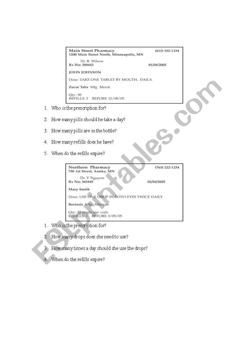 prescriptions worksheet