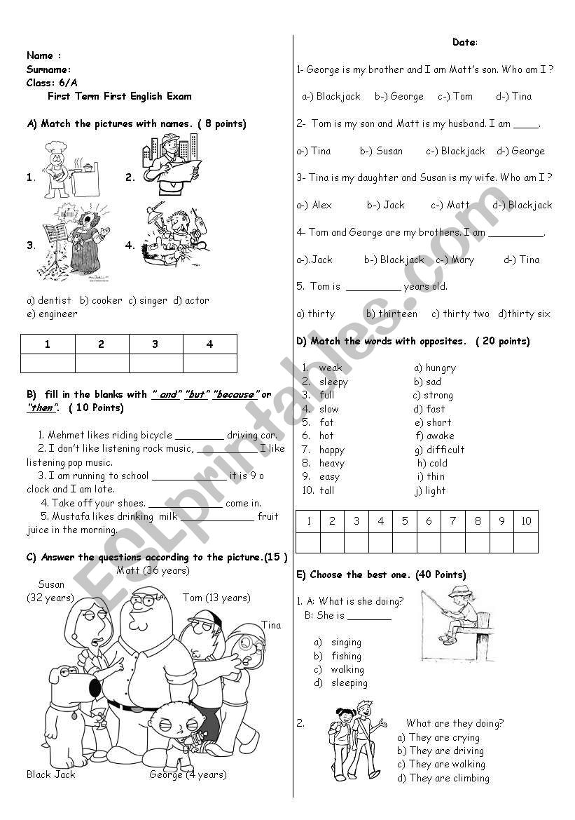 6 th grade exam  worksheet