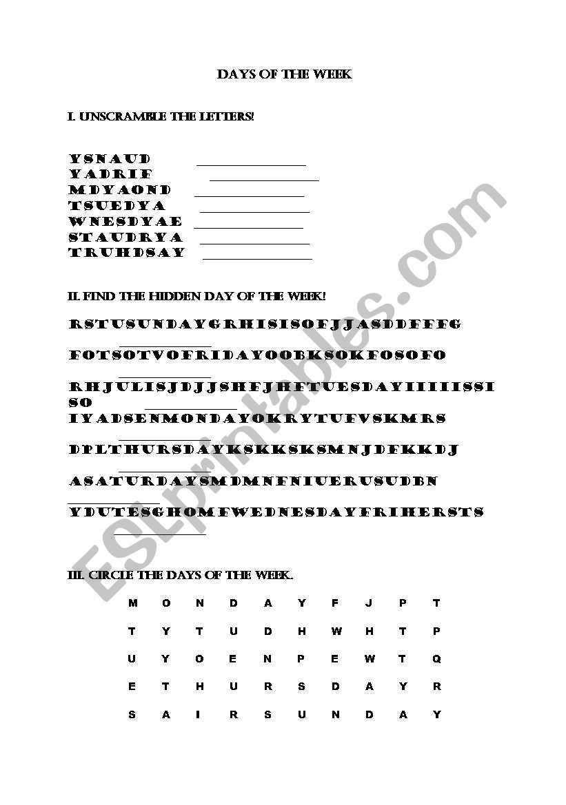 Days of the week worksheet