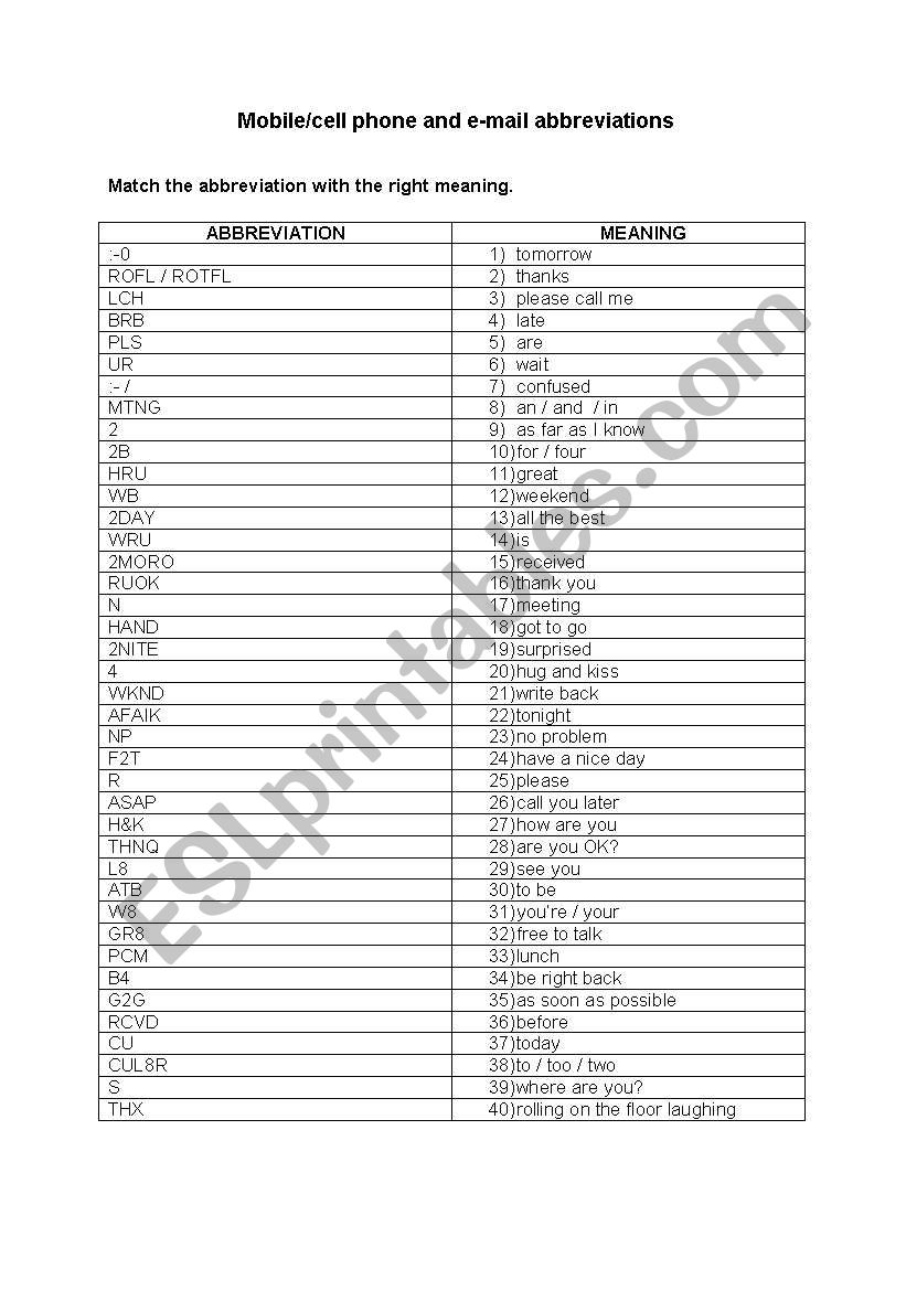 E-mail abbreviations worksheet