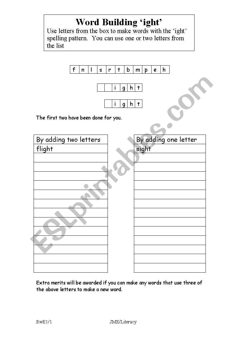 Word building ight worksheet