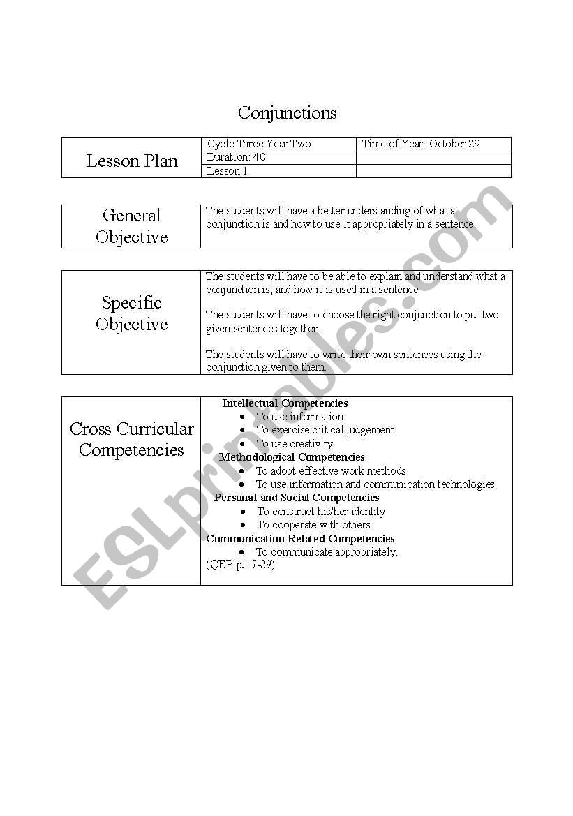 Conjunction Lesson plan worksheet