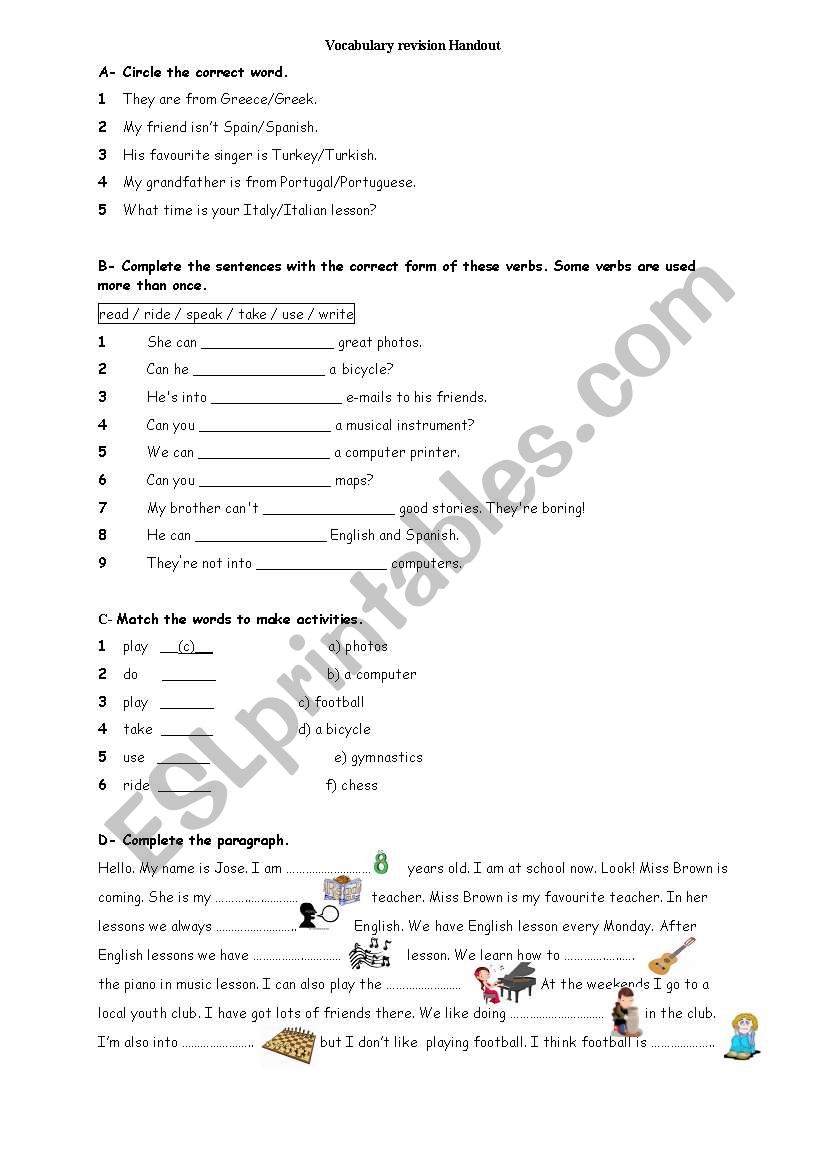 vocabulary revision worksheet