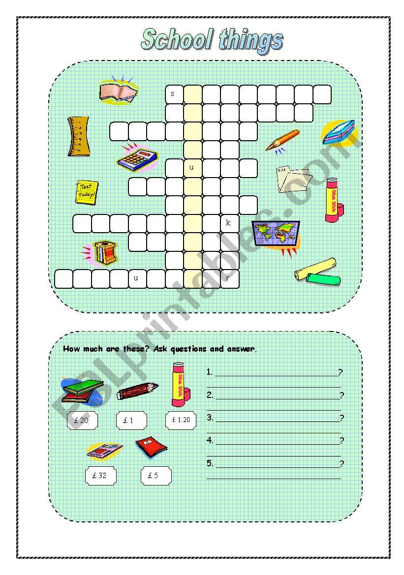 school objects worksheet