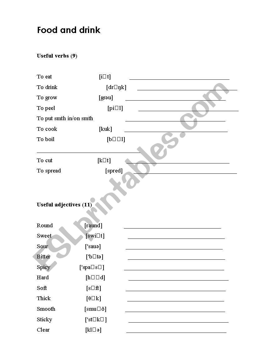 Food and drink. Verbs and adjectives