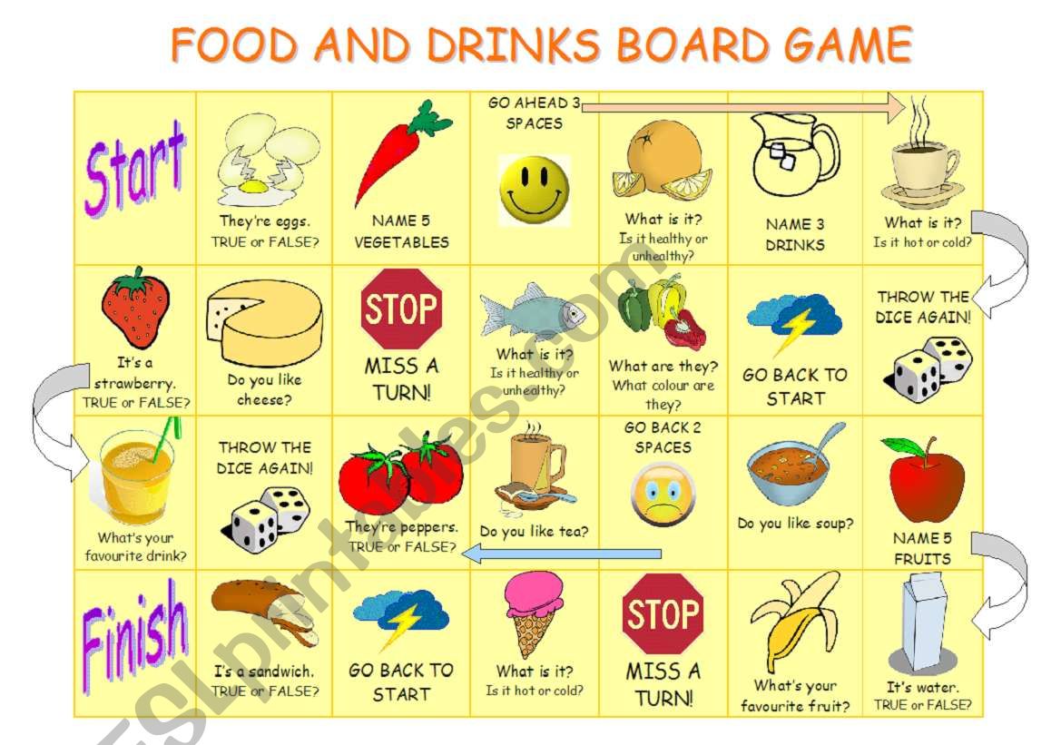 Food and drinks board game worksheet