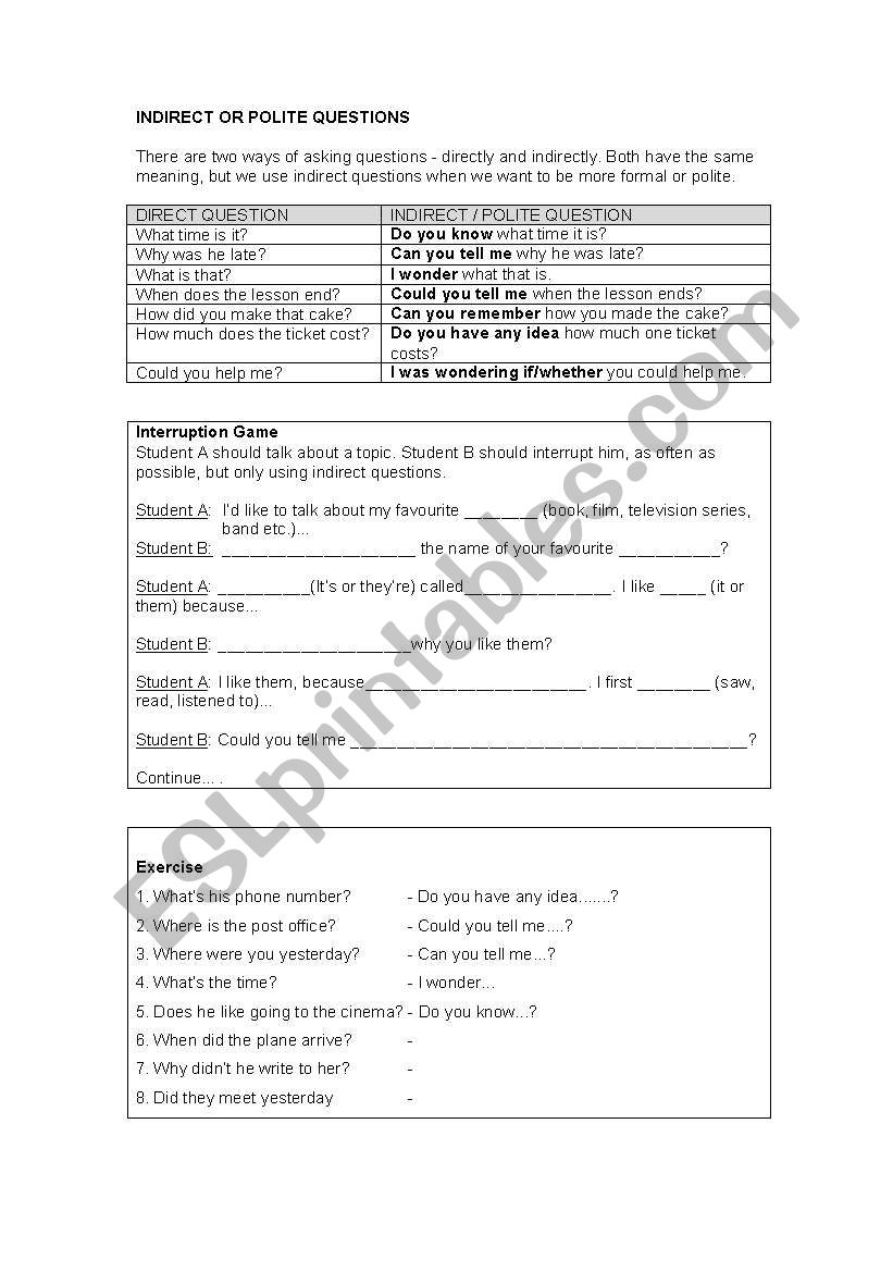 indirect or polite questions worksheet