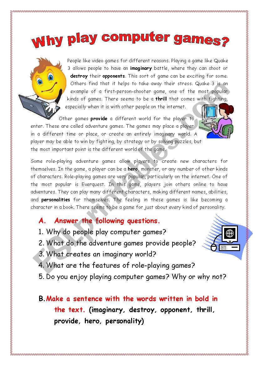 Why play computer games? worksheet