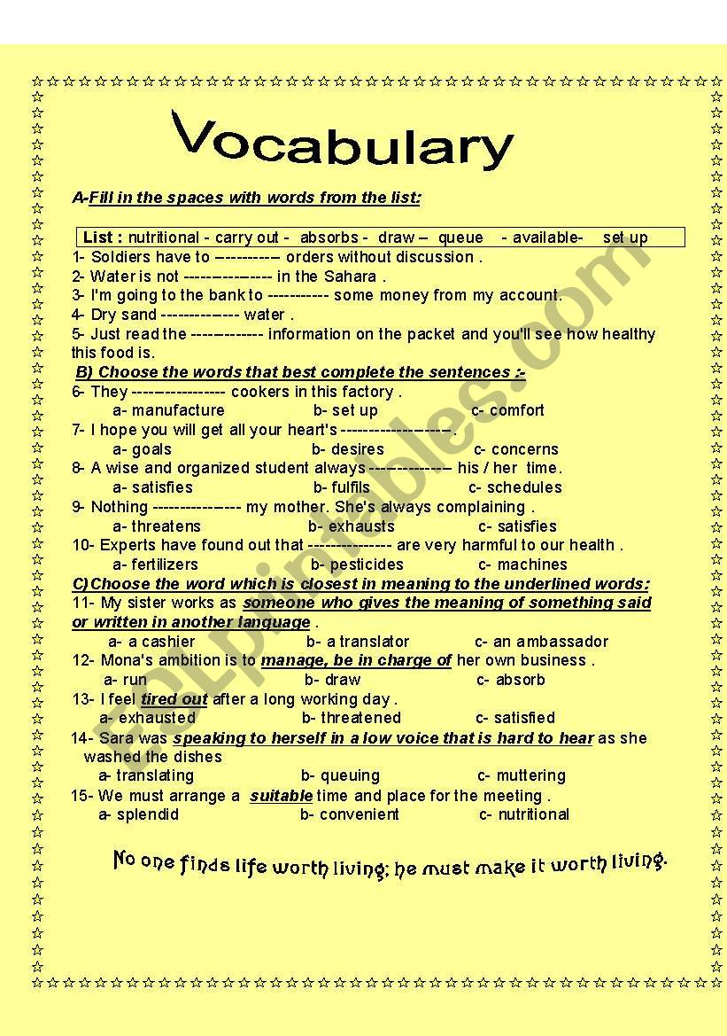 test on vocabulay worksheet