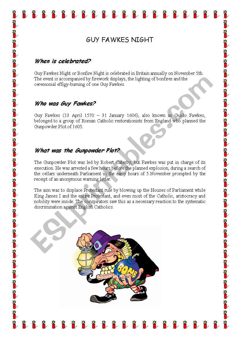 About Guy Fawkes 5th November worksheet