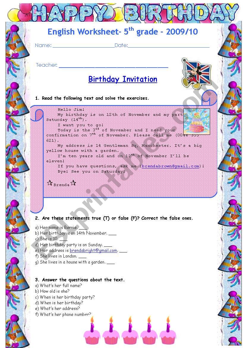 Brenda´s Birthday Invitation - ESL worksheet by Diana Parracho