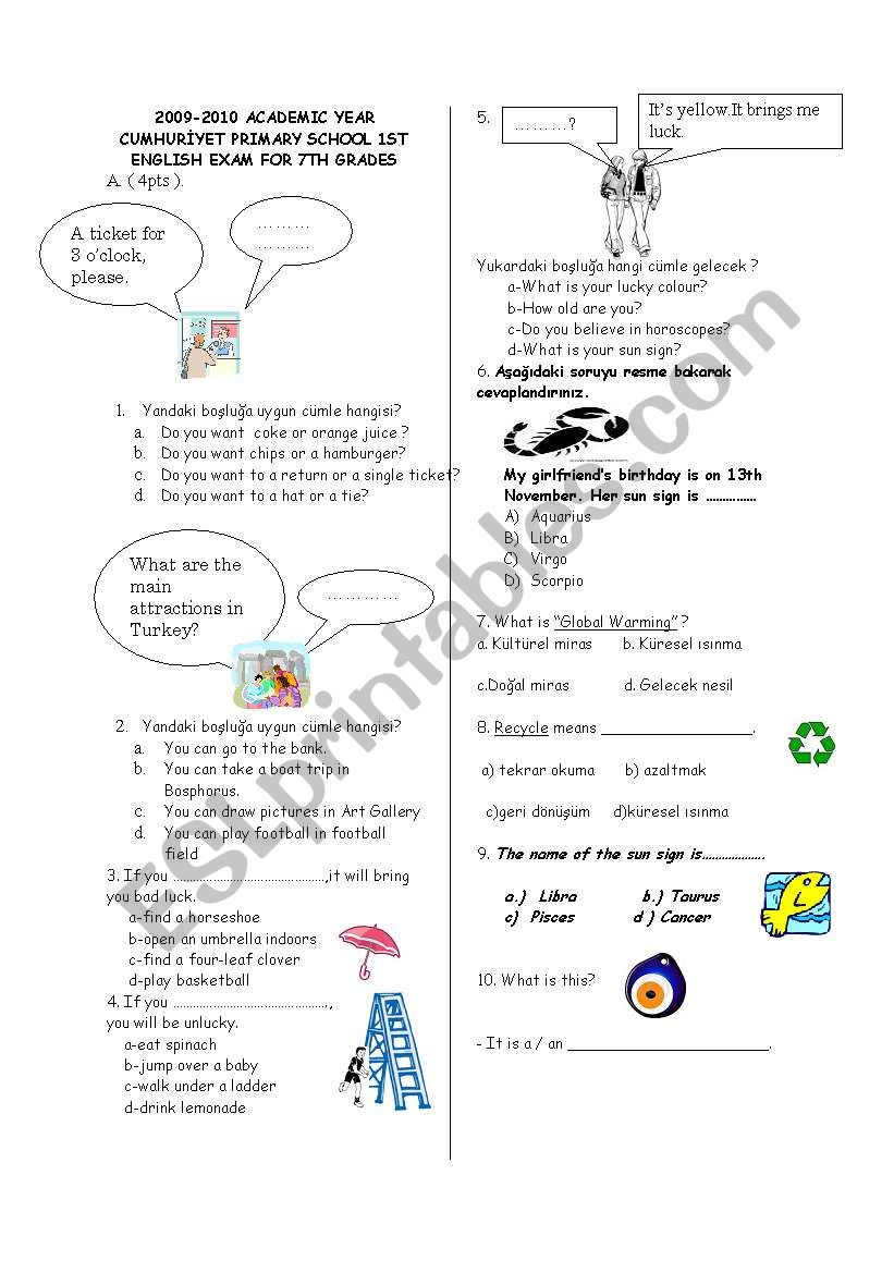 7th grade exam worksheet