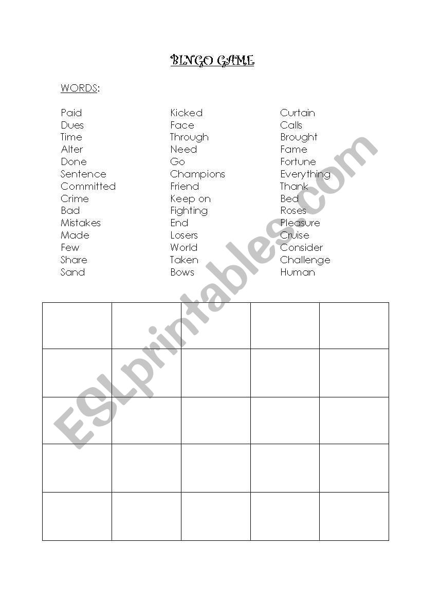 Bingo Game with a song worksheet