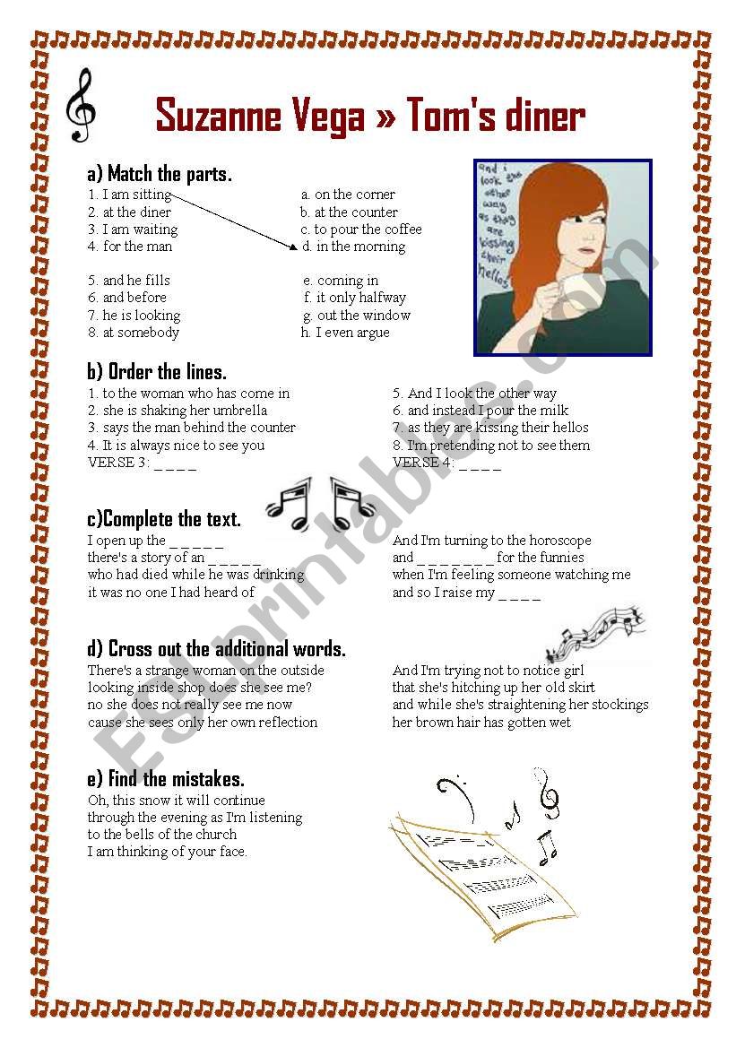 Suzanne Vega - Toms Diner worksheet