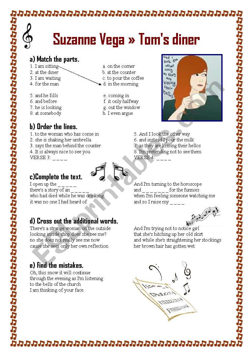 Suzanne Vega Tom´s Diner ESL worksheet by agniesiab3112