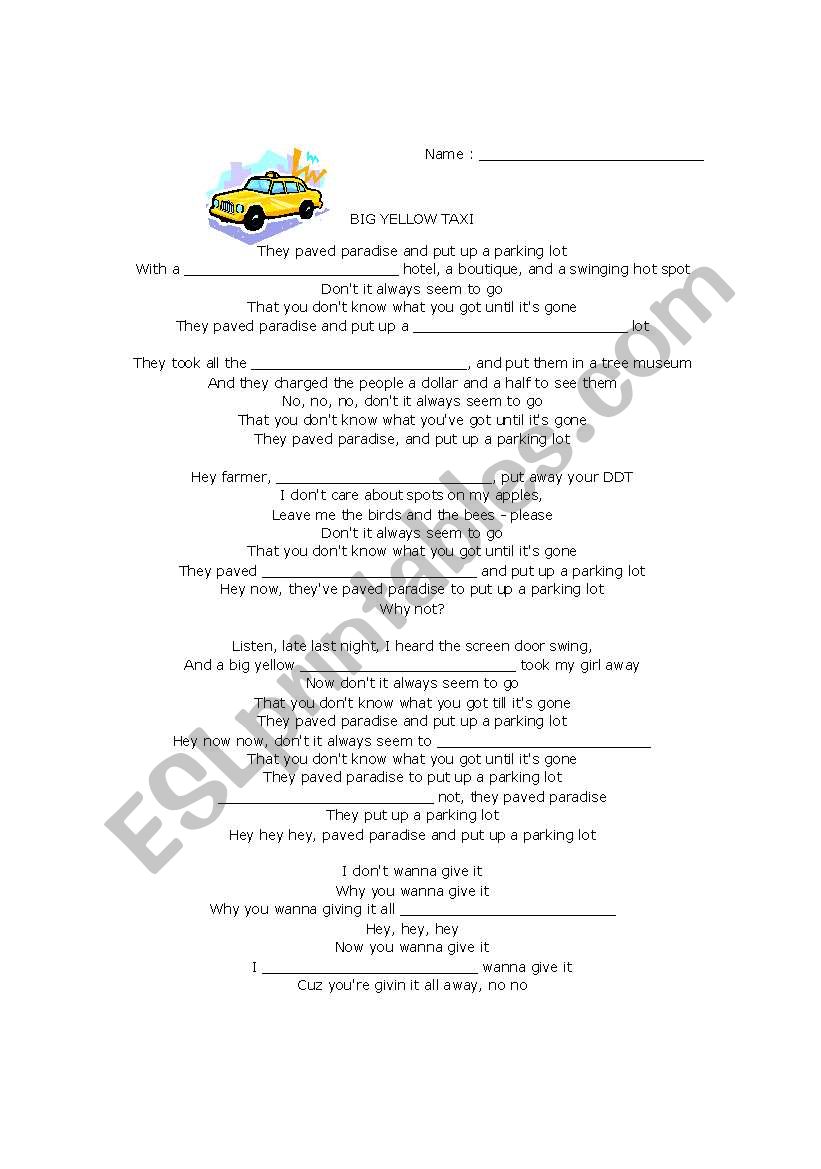 Yellow Taxi worksheet