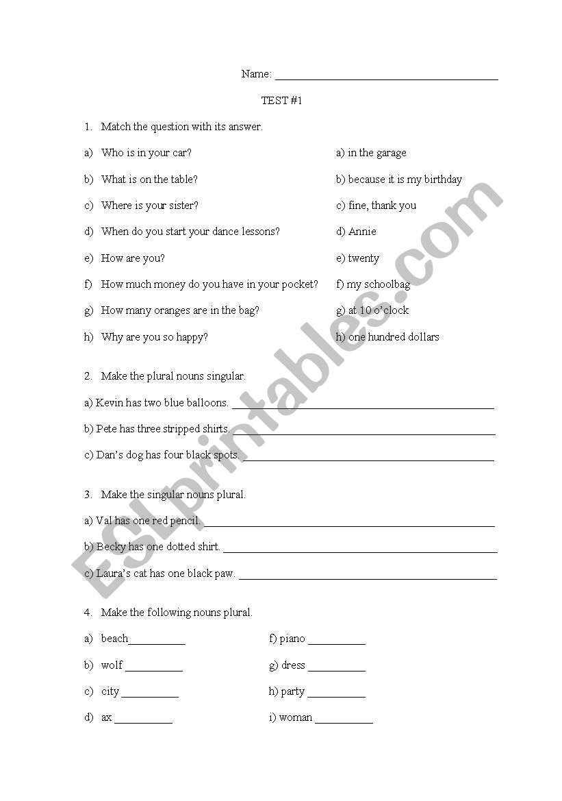 grammar test  worksheet