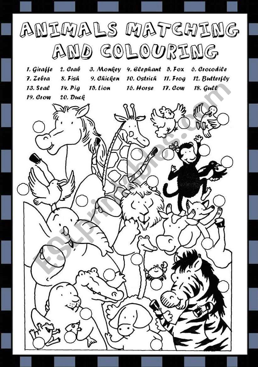ANIMALS MATCHING AND COLOURING - ESL worksheet by ironda