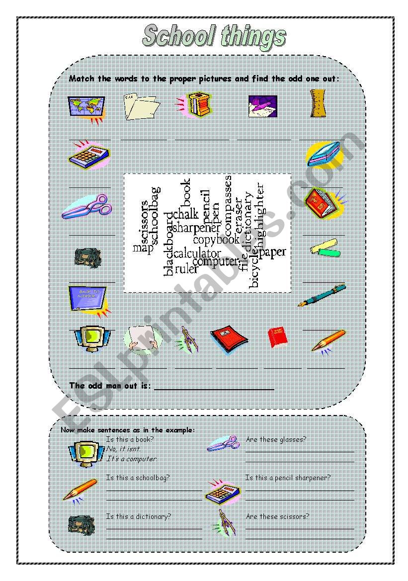 school objects worksheet