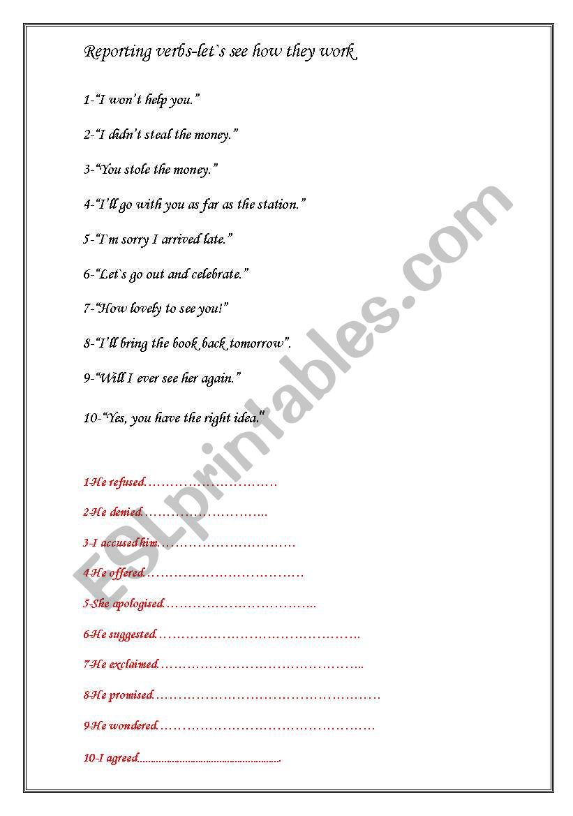 reporting verbs worksheet