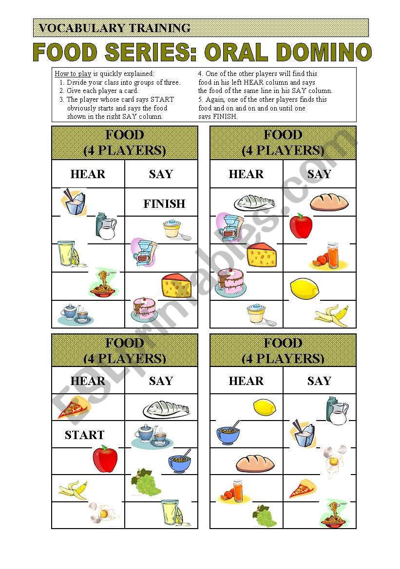 Practice of Food Vocabulary: Oral Domino for 4 players (1 of 4)