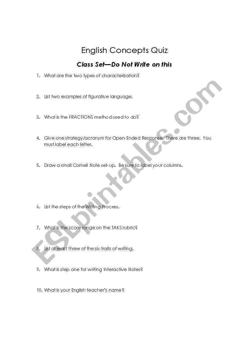 English Concepts worksheet