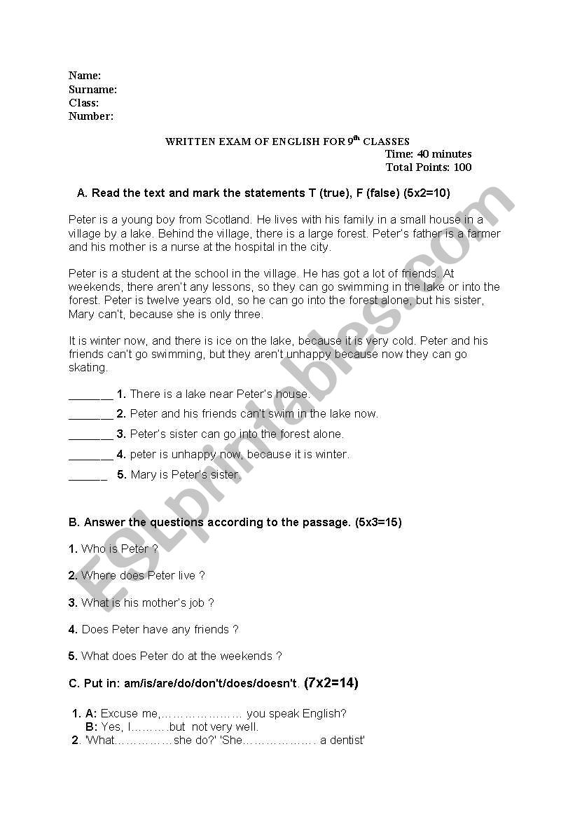 exam worksheet