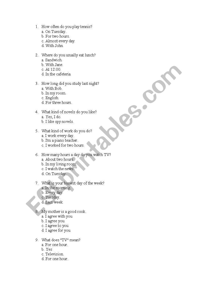 questions worksheet