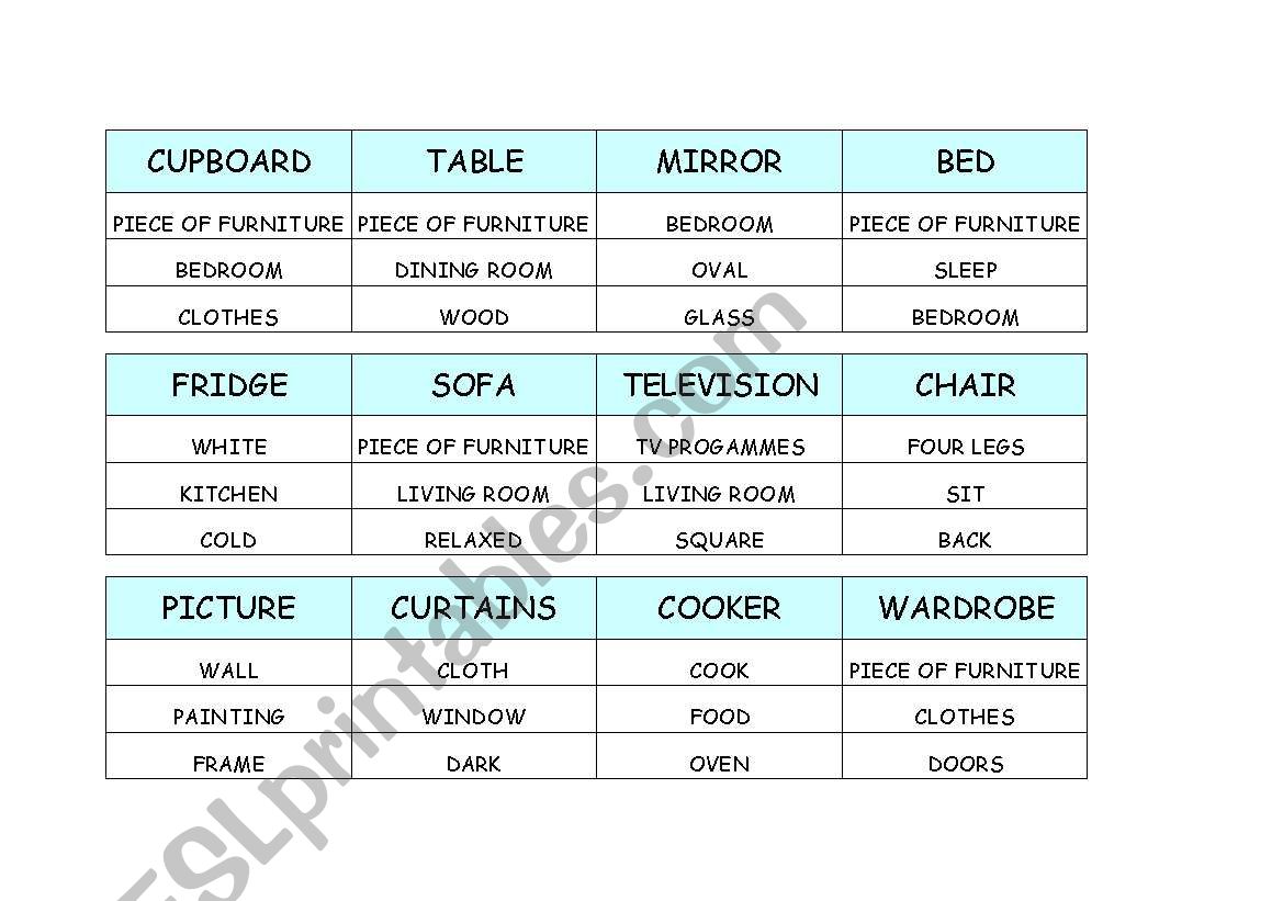 Taboo words furniture and things in the house