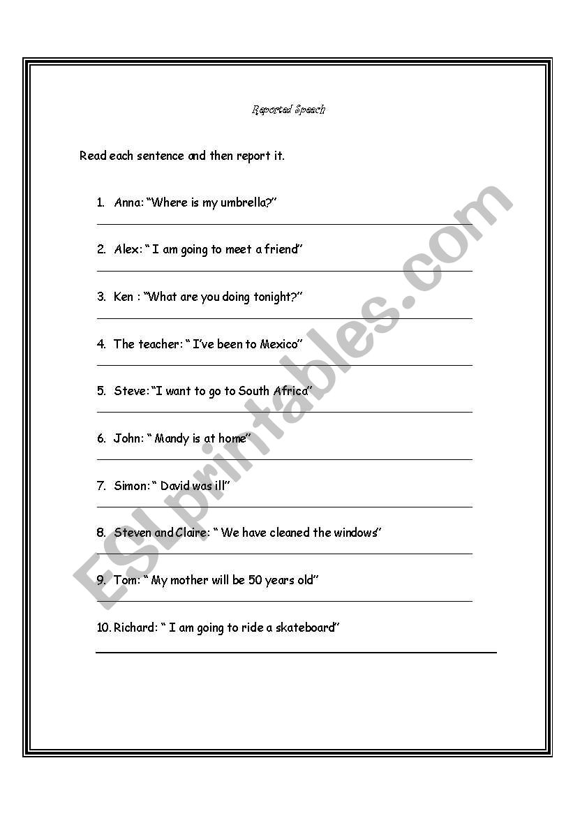Reported Speech worksheet