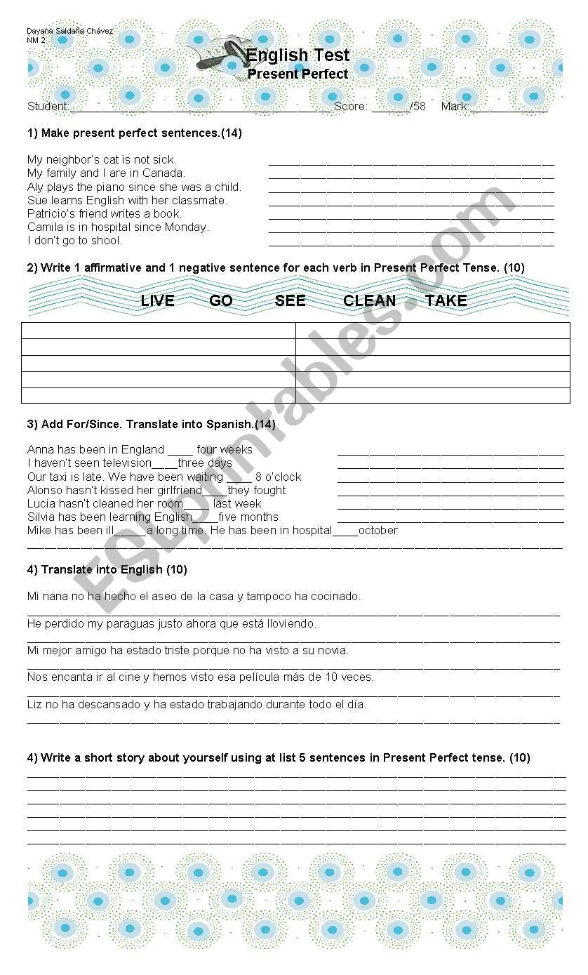 Present Perfect Test worksheet