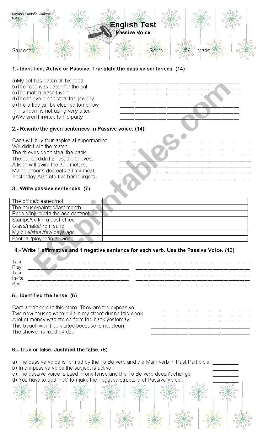 Passive Voice Test worksheet