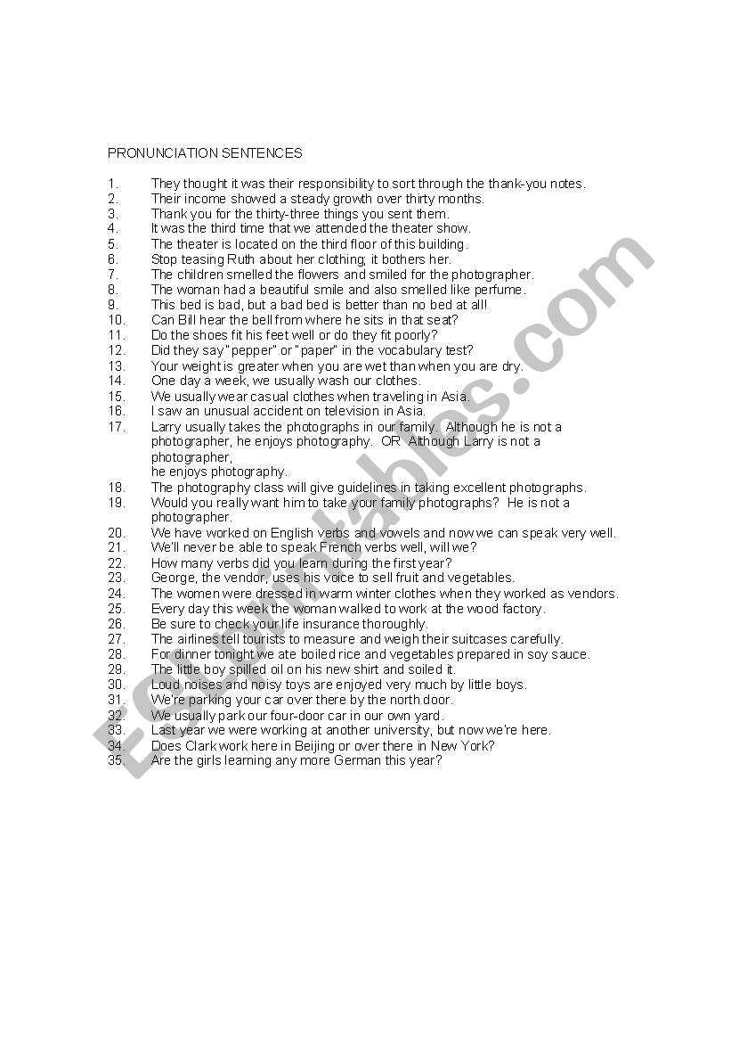 Pronunciation Sentences worksheet