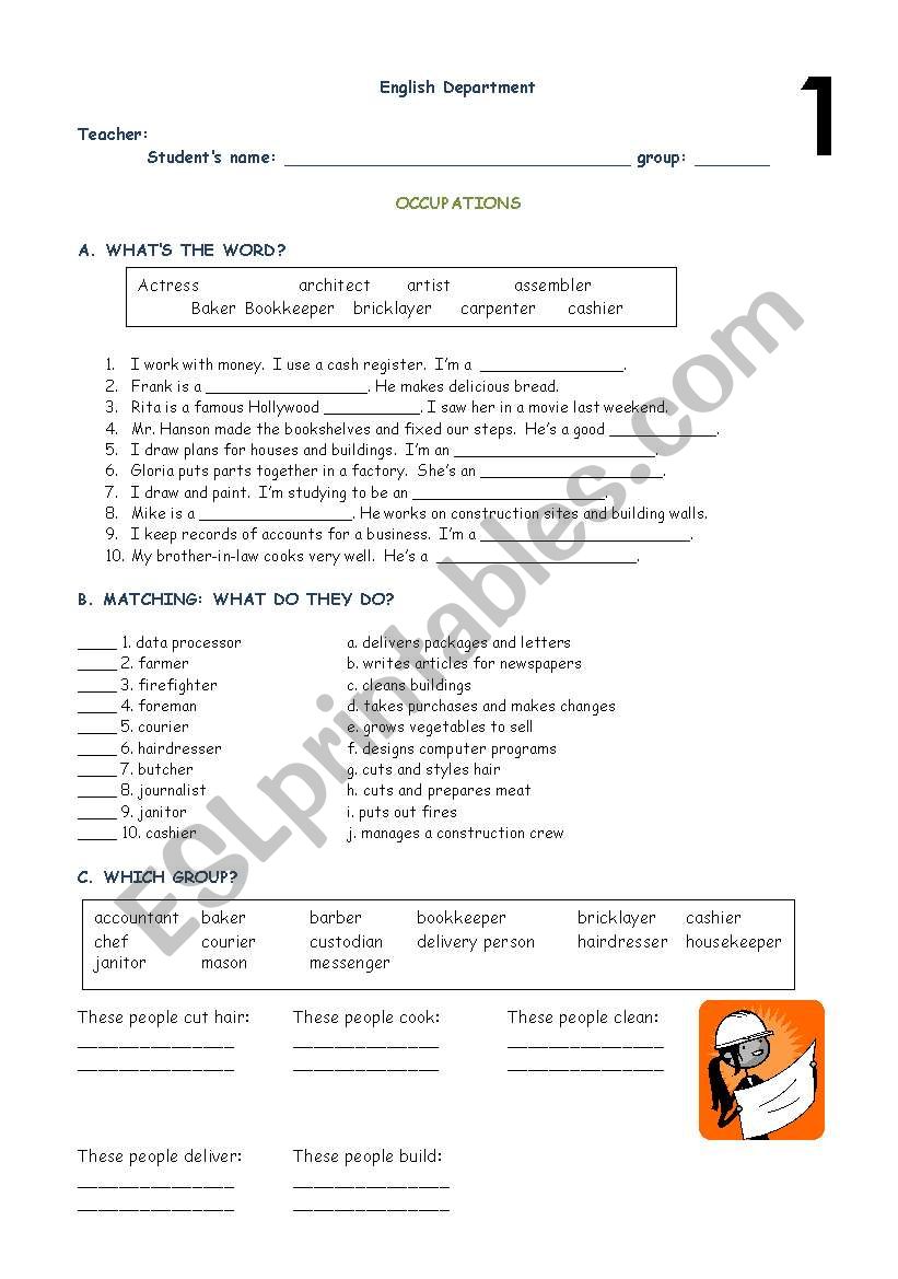 Occupations: 1 part worksheet