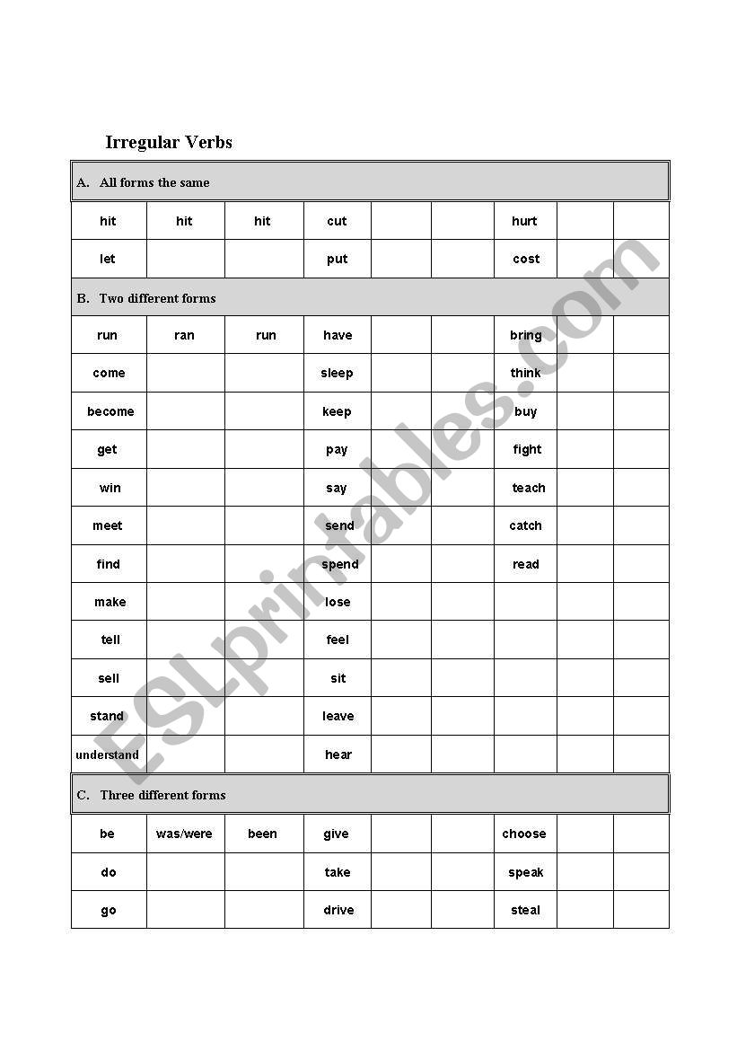 irregular verbs worksheet