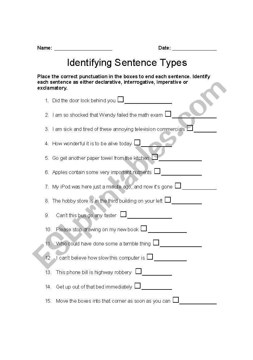 English worksheets: Identifying Sentence Types Pertaining To Kinds Of Sentences Worksheet