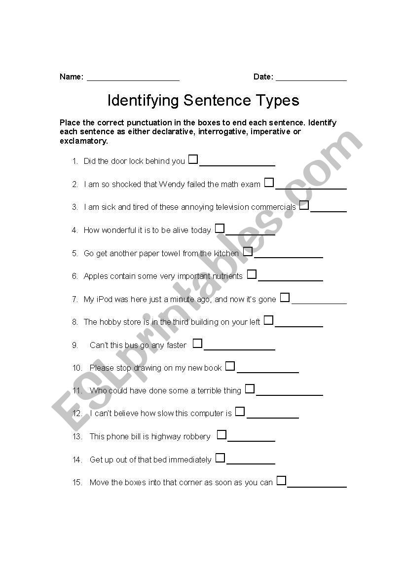 Identifying Sentences Worksheet