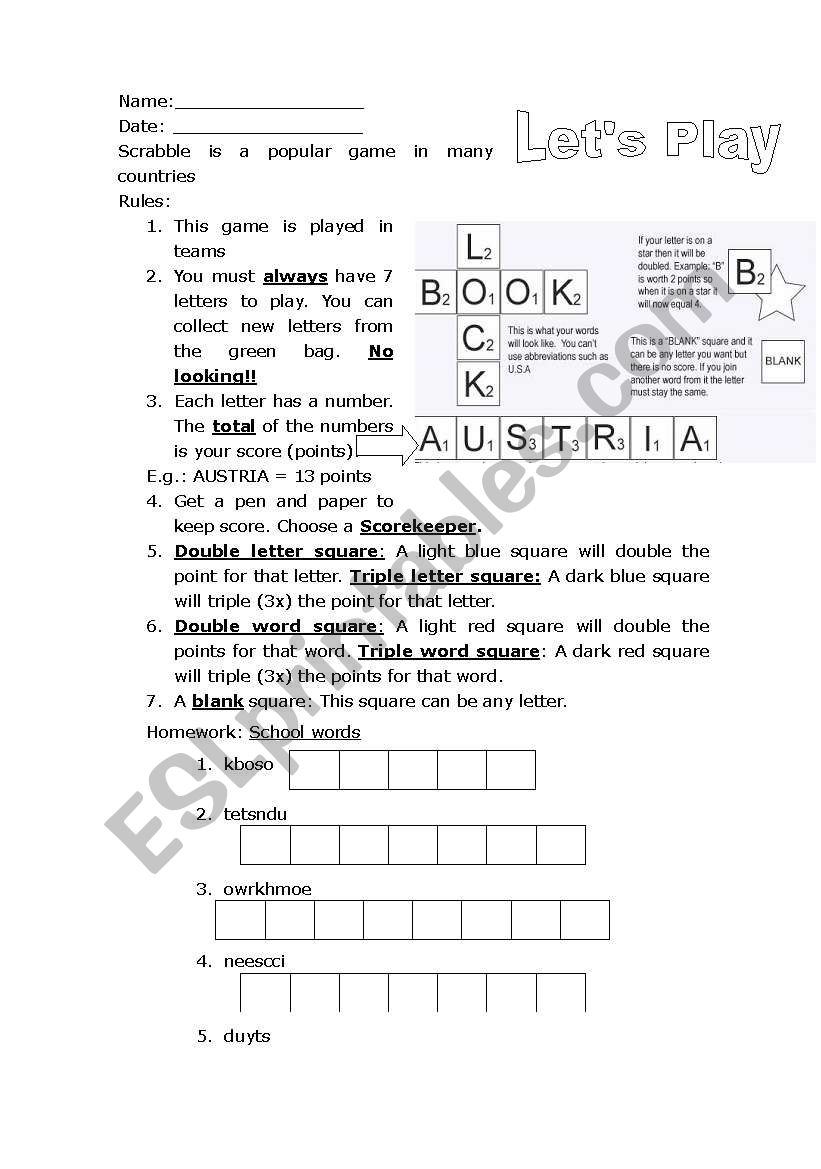 How to play Scrabble worksheet