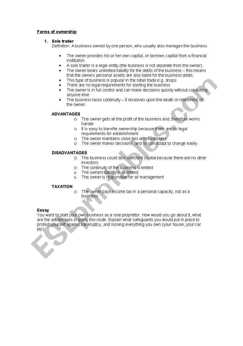 Forms of ownership worksheet
