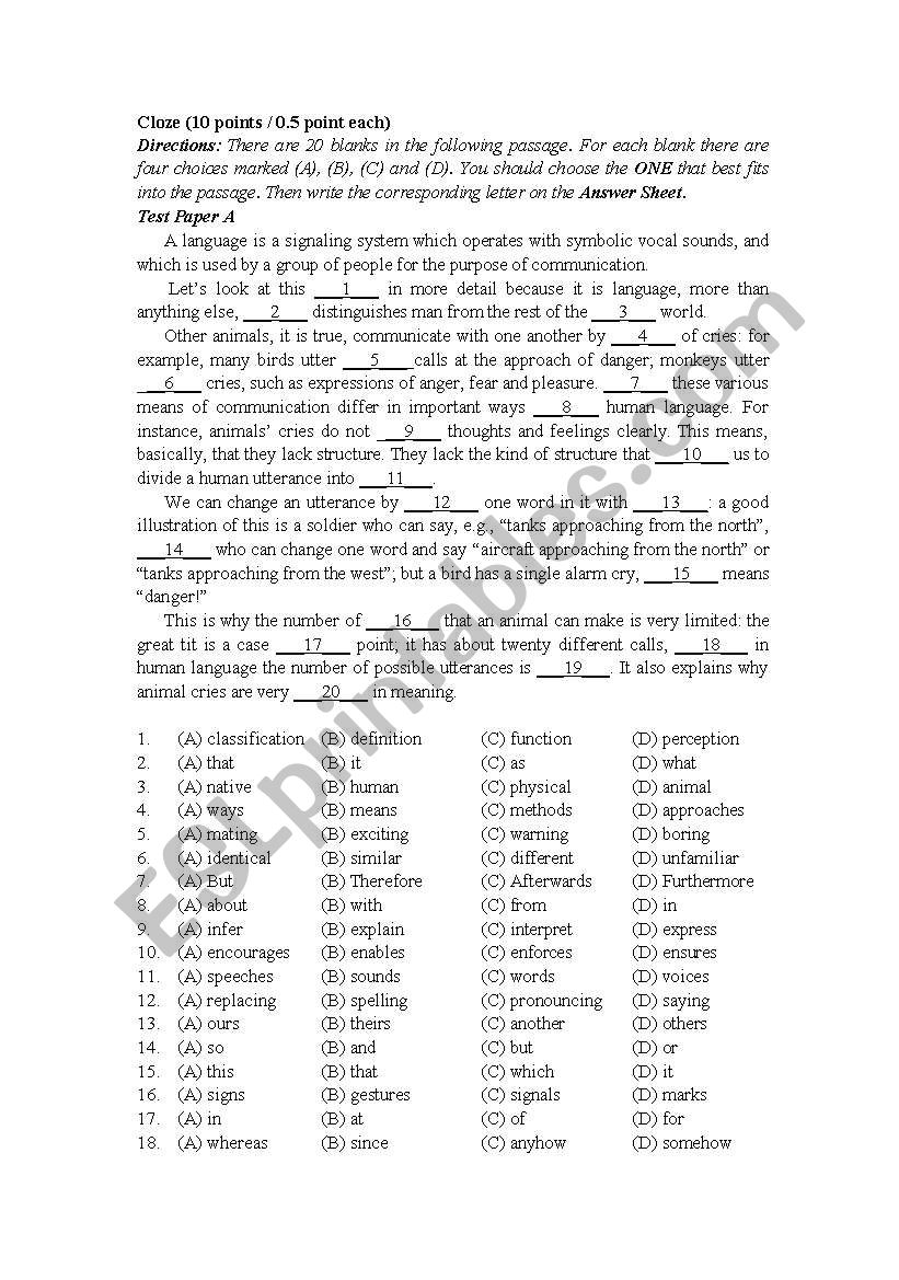 cloze exercise for intermediate english learners