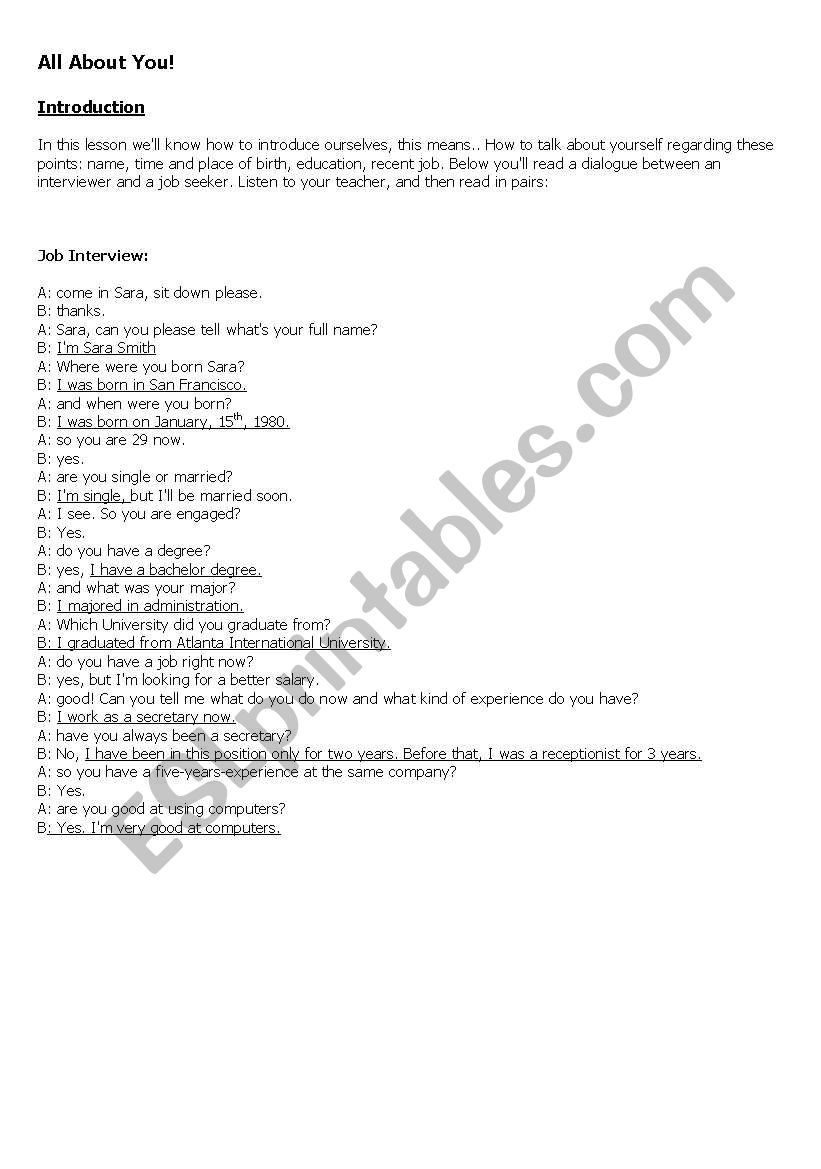 Job Interview worksheet