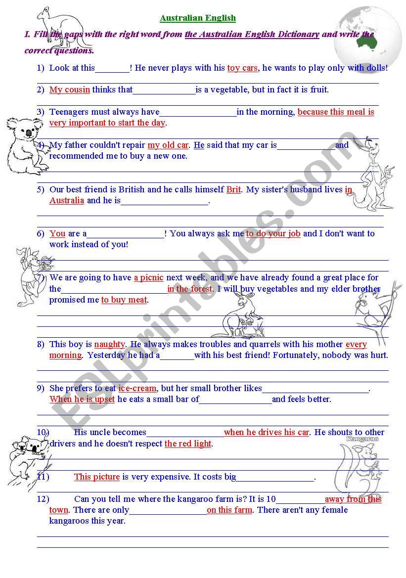 Two Pages Exercise focused on Australian English and Interrogative Form. 