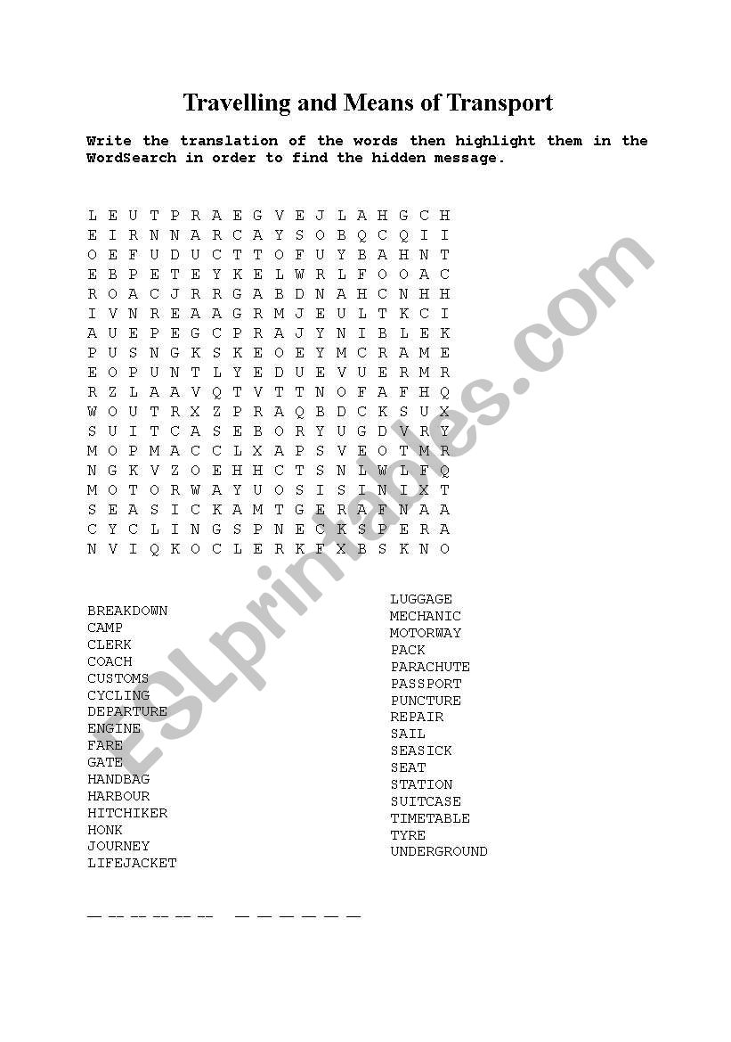 Travelling WordSearch worksheet