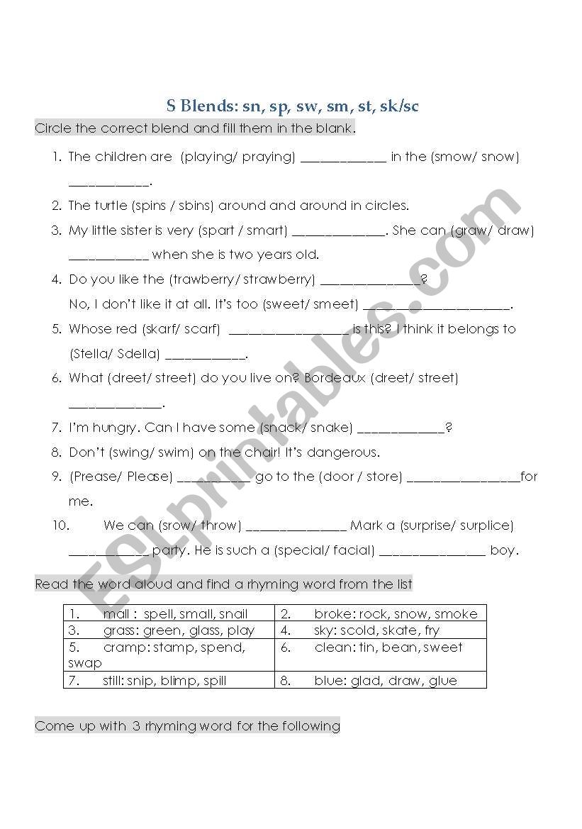 Phonics- S blends review quiz worksheet