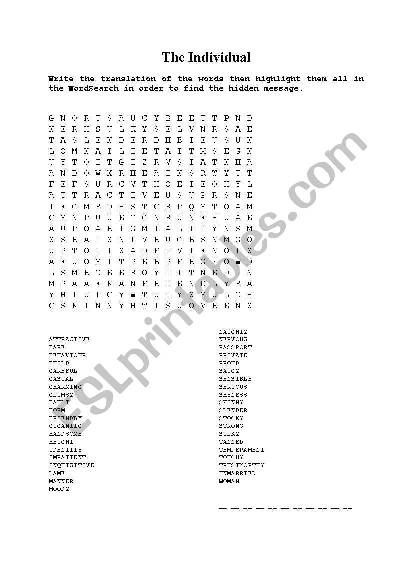 The Individual WordSearch worksheet