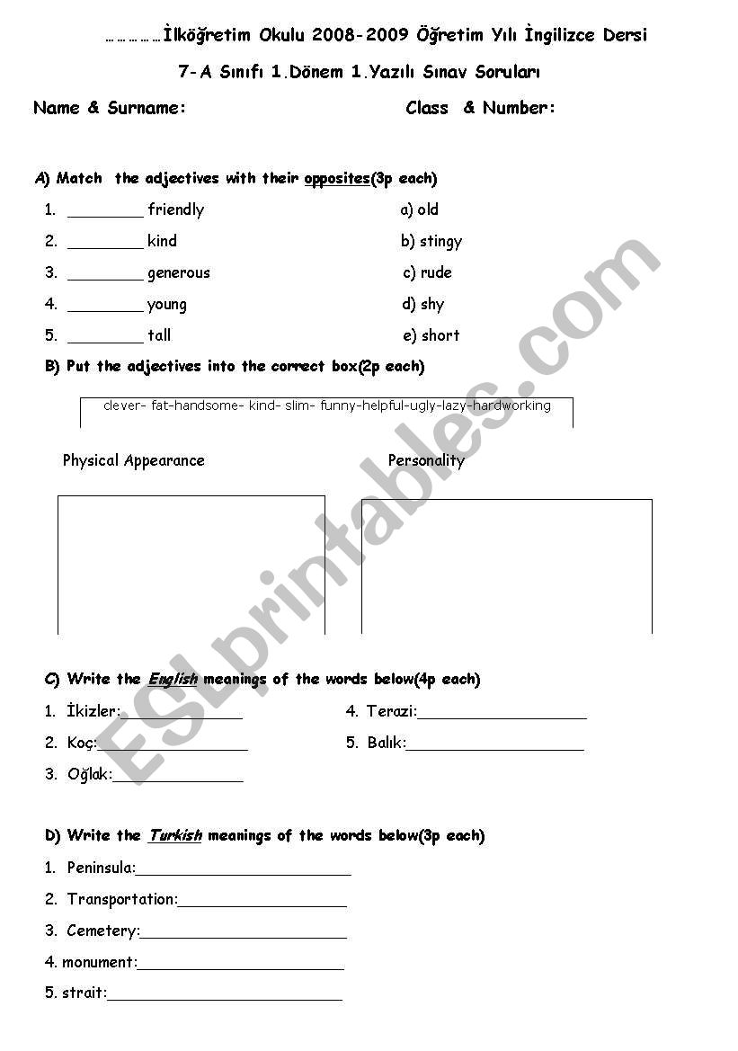exam worksheet