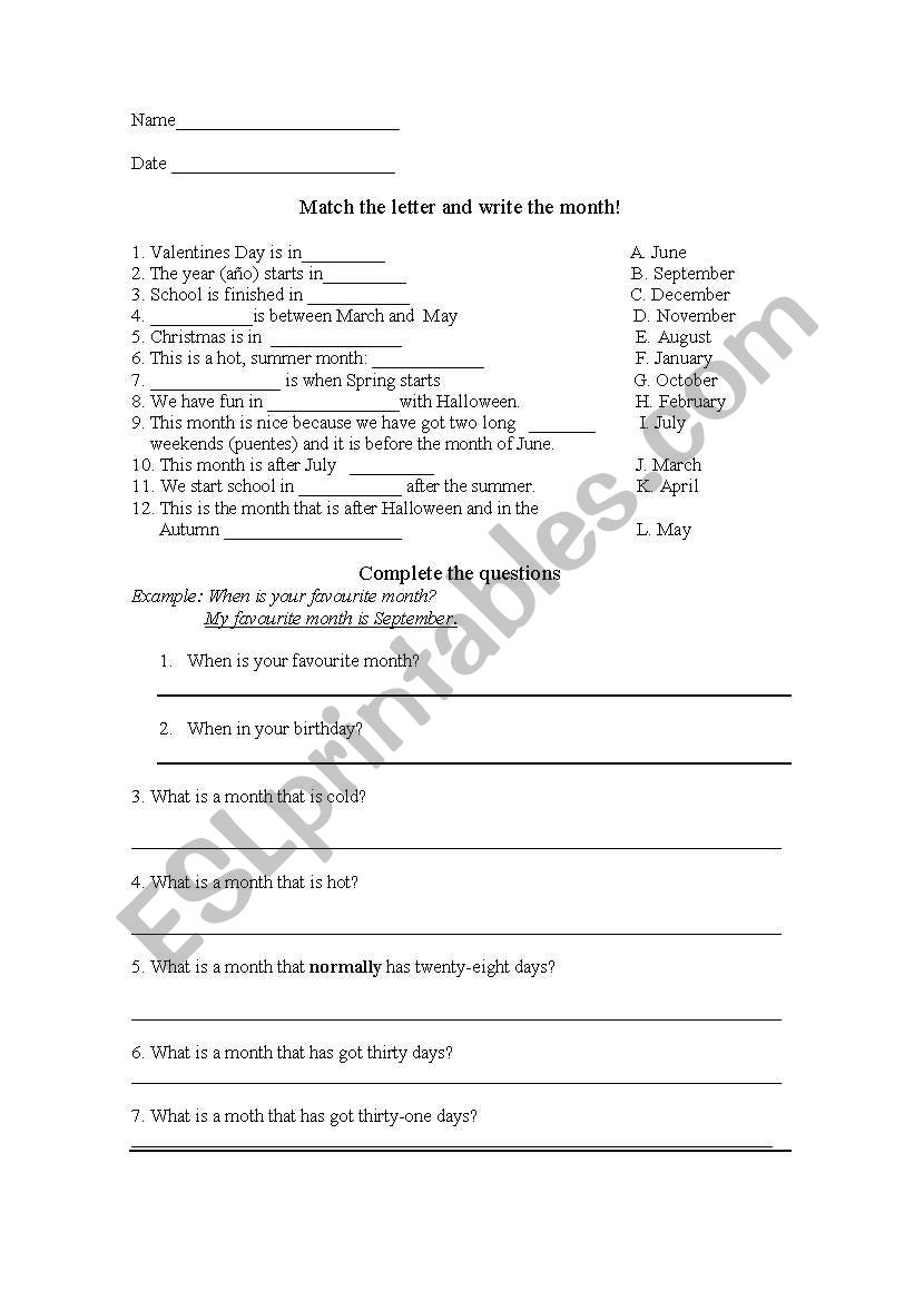 Months Worksheet worksheet
