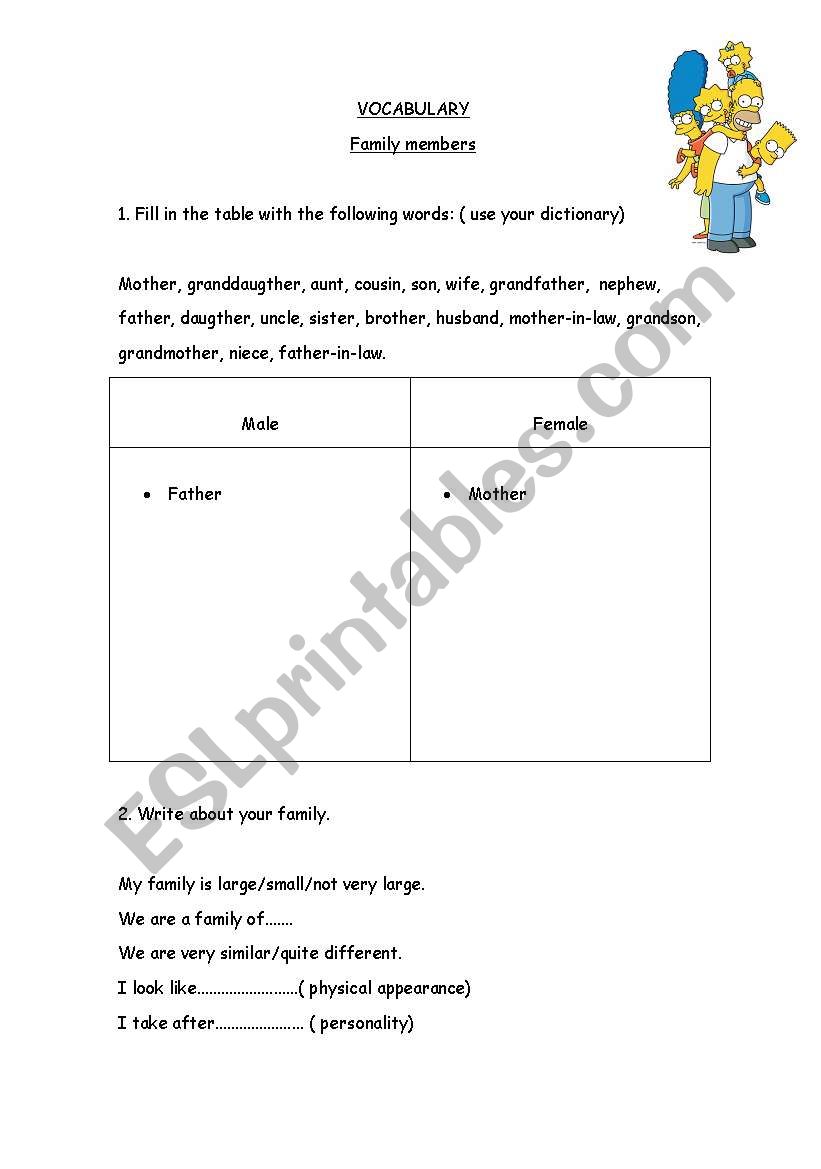 Family members worksheet