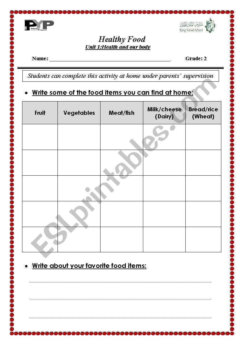 food worksheet