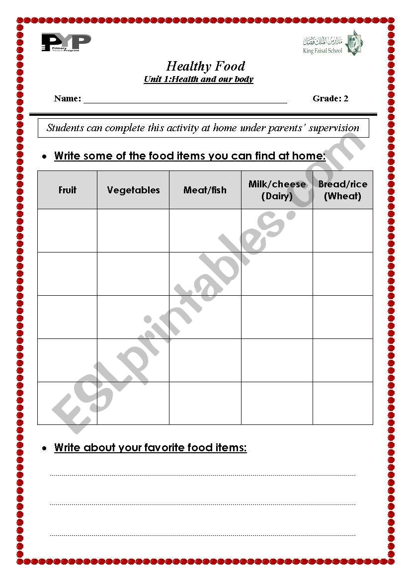 food worksheet